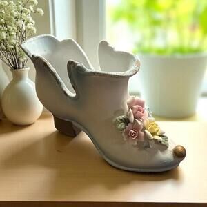 Vintage Bisque Porcelain Victorian Heel Shoe w/ 3D Flowers 5.5"
